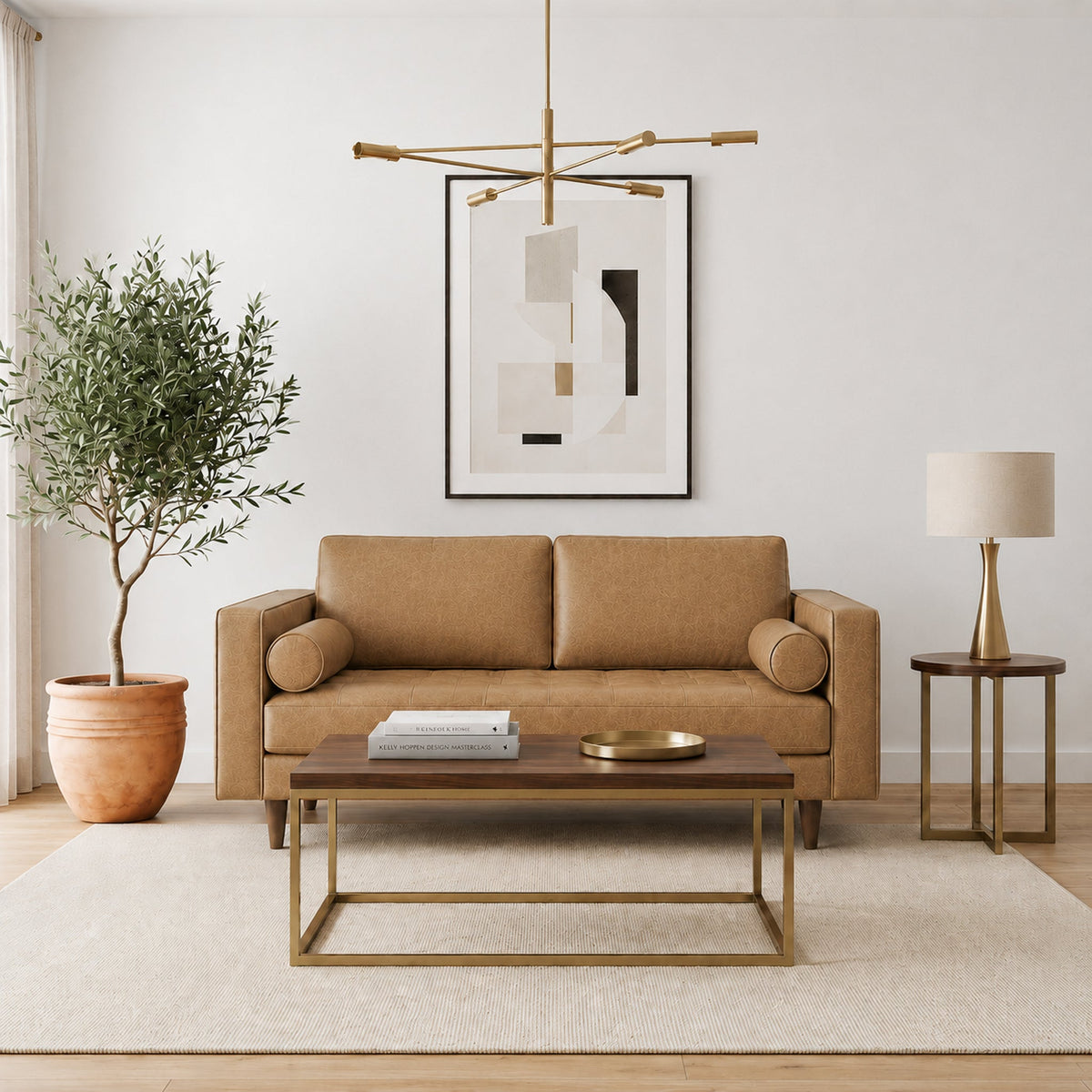 Catherine Luxury  Mid-Century Modern Italian Tan Leather Loveseat