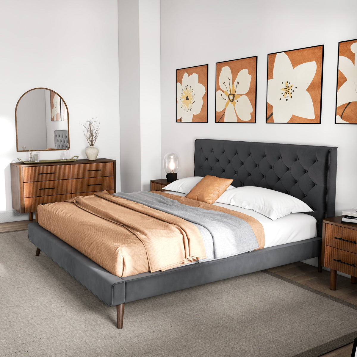 Dillon Grey Velvet King Platform Bed