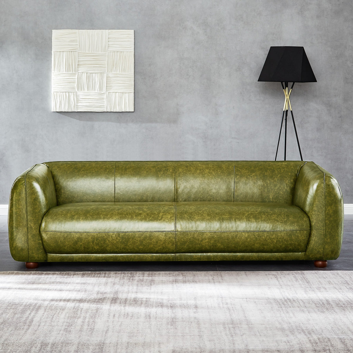 Mila Mid-Century Modern Green Genuine Leather Sofa