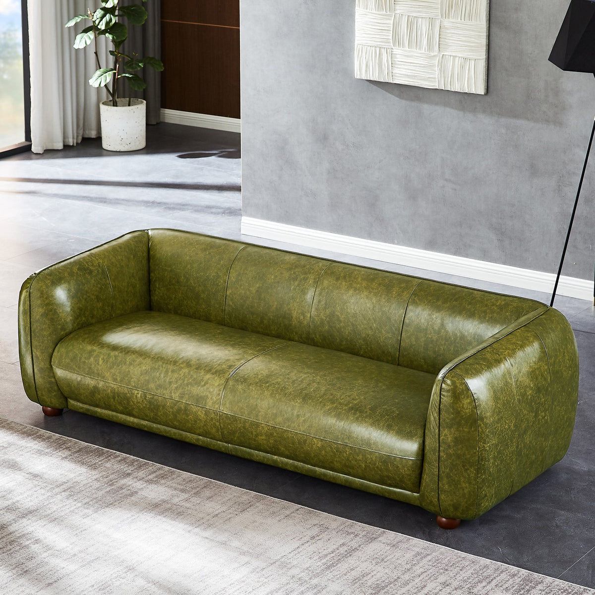 Mila Mid-Century Modern Green Genuine Leather Sofa
