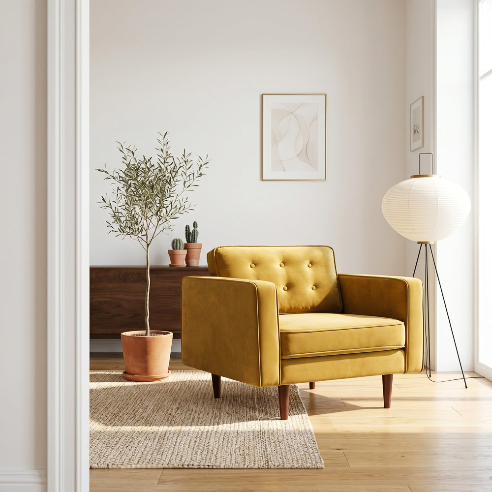 Casey Mid-Century Modern Pillow Back Velvet Upholstered Armchair in Gold