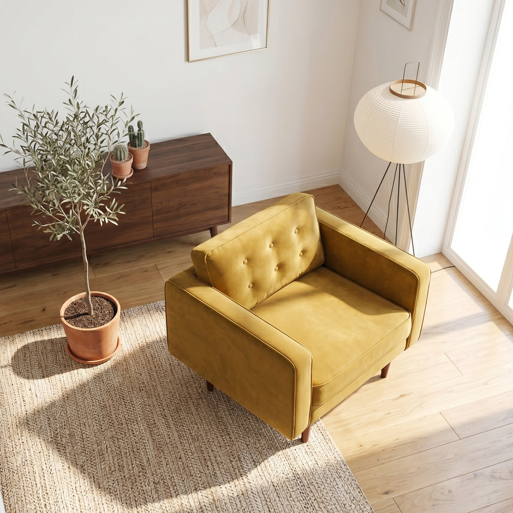 Casey Mid-Century Modern Pillow Back Velvet Upholstered Armchair in Gold