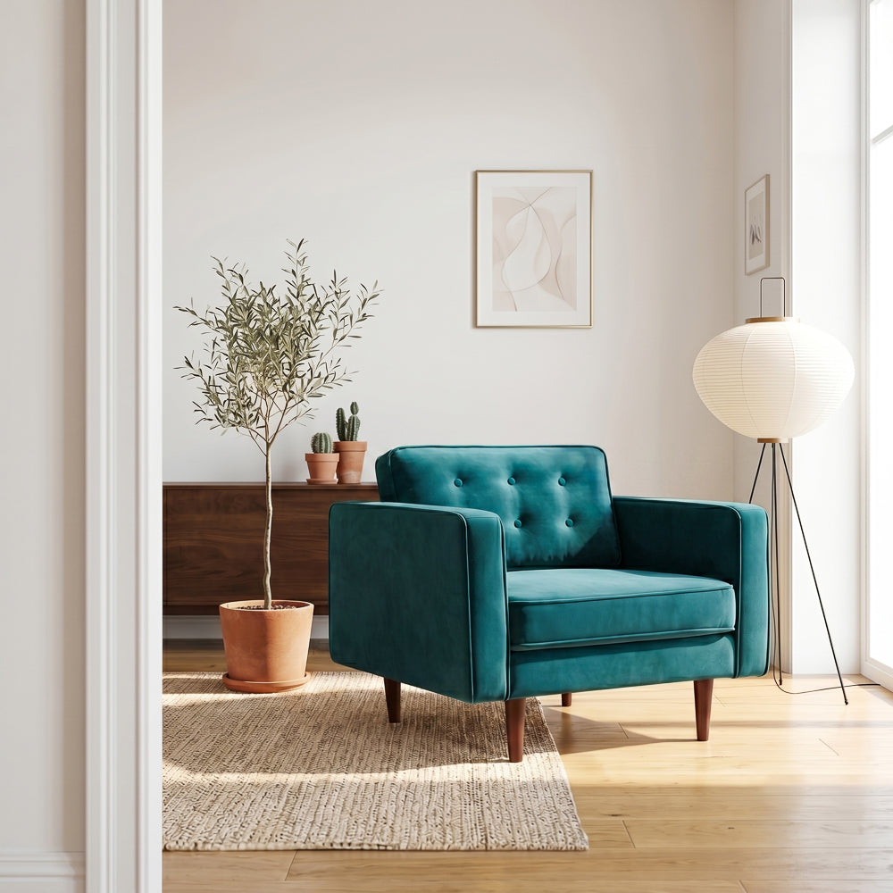 Casey Mid-Century Modern Pillow Back Velvet Upholstered Armchair in Teal