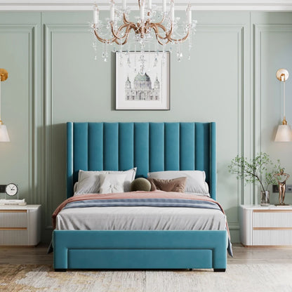 Blue Velvet Upholstered Bed
