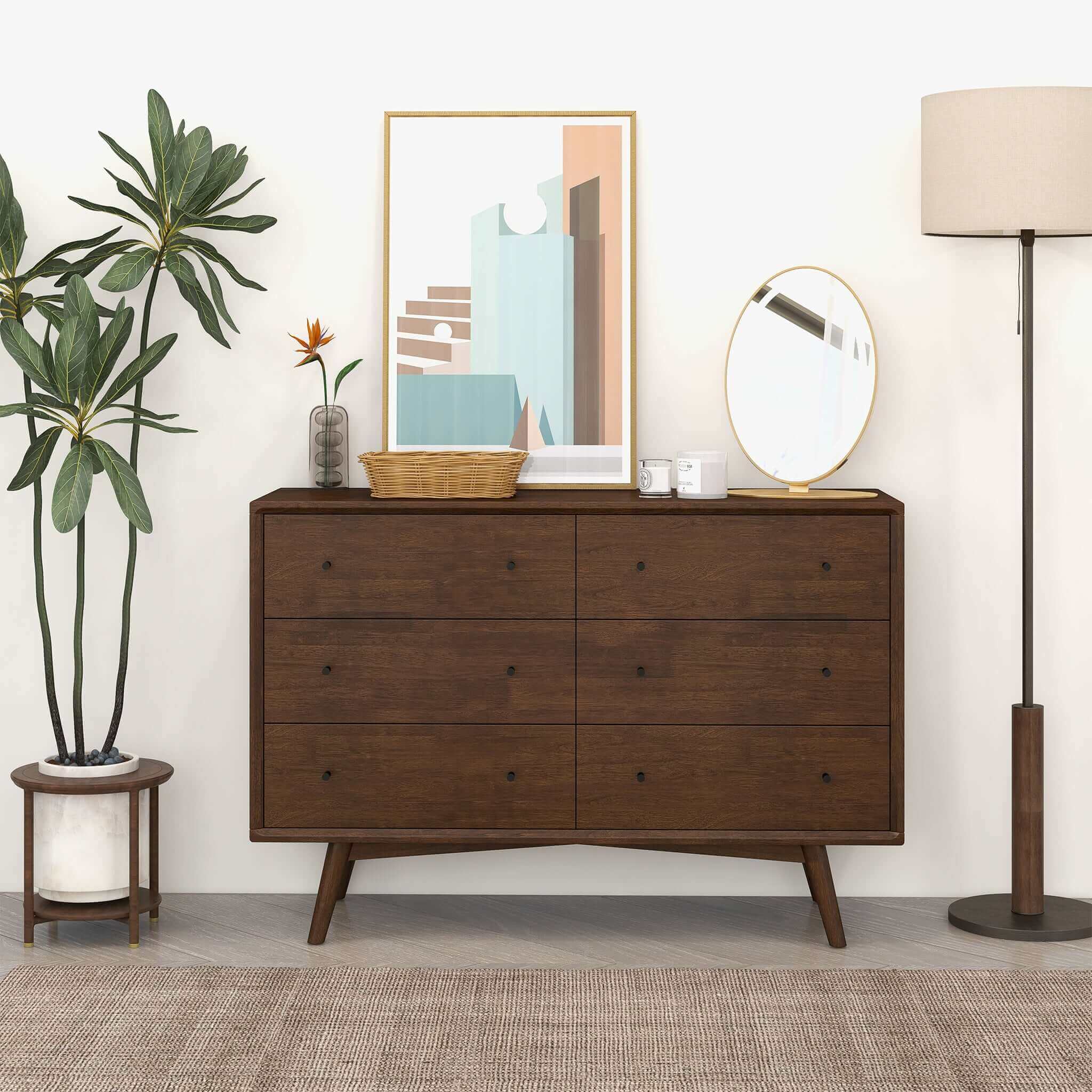 Caroline Mid-Century Modern Walnut Dresser 6 Drawer