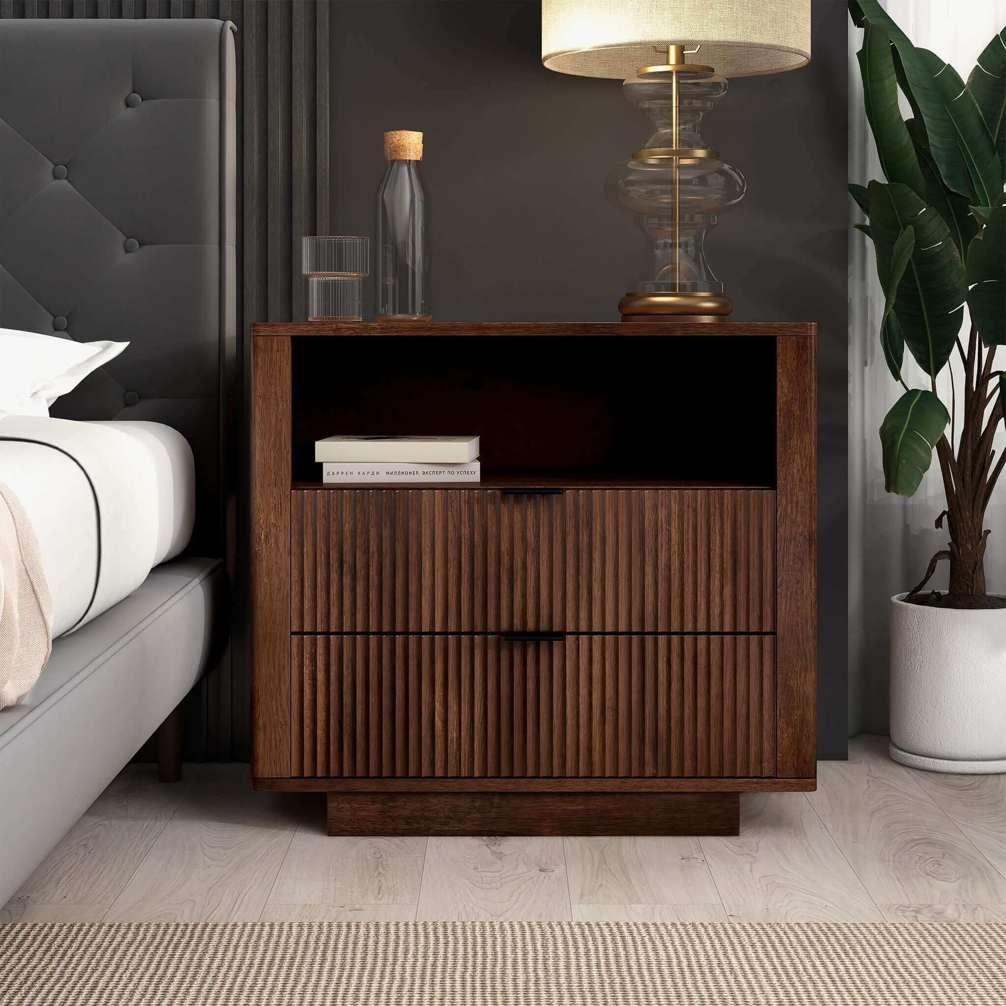Lola Mid-Century Modern Walnut Nightstand 2-Drawer Bed Side Table