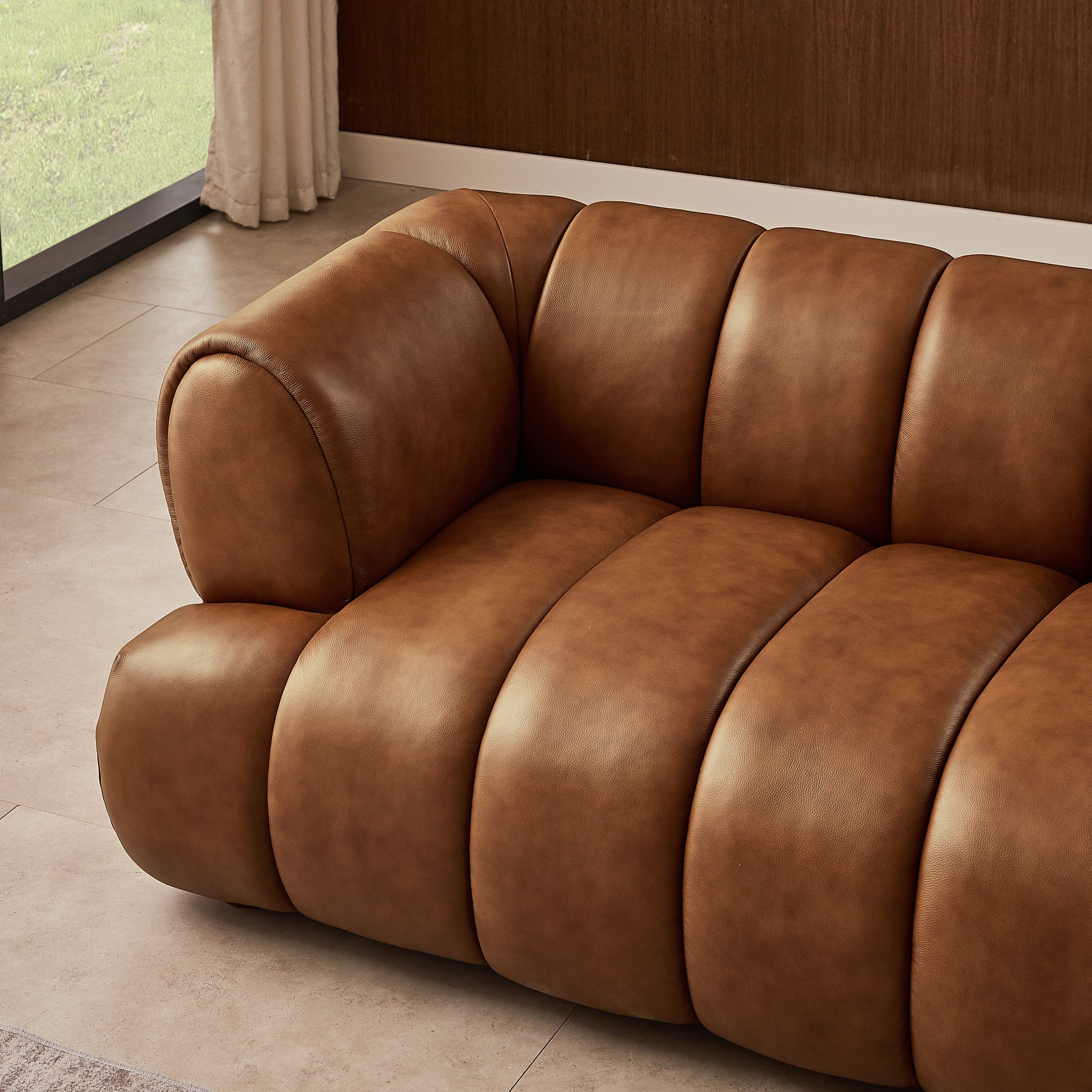 Jasmin Mid-Century Modern Cognac Genuine Leather Sofa