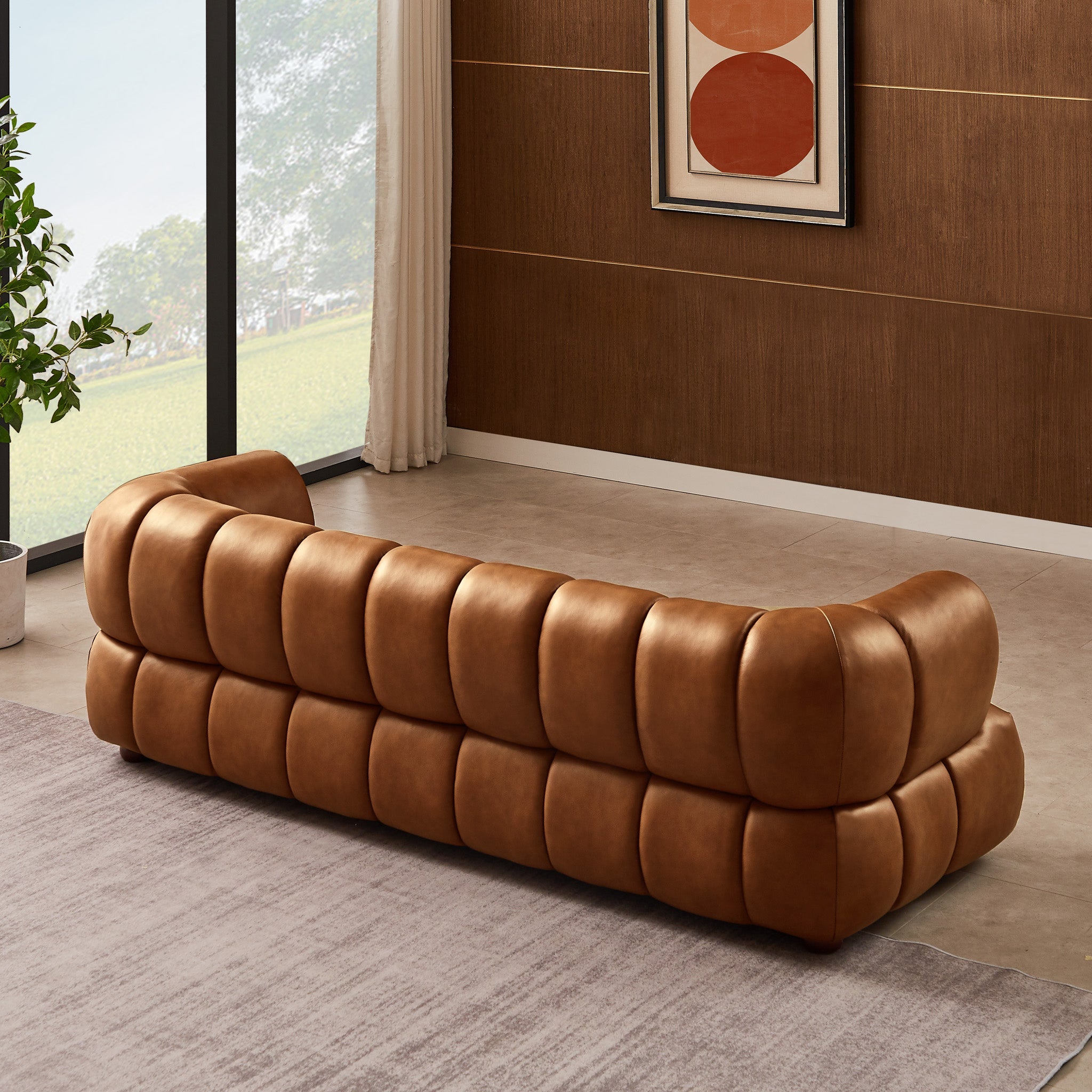 Jasmin Mid-Century Modern Cognac Genuine Leather Sofa