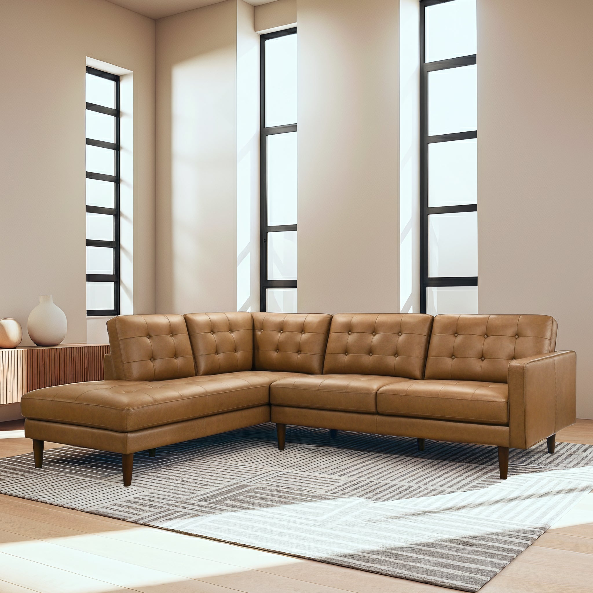 Lucco Genuine Tan Leather Left-Facing Sectional Sofa