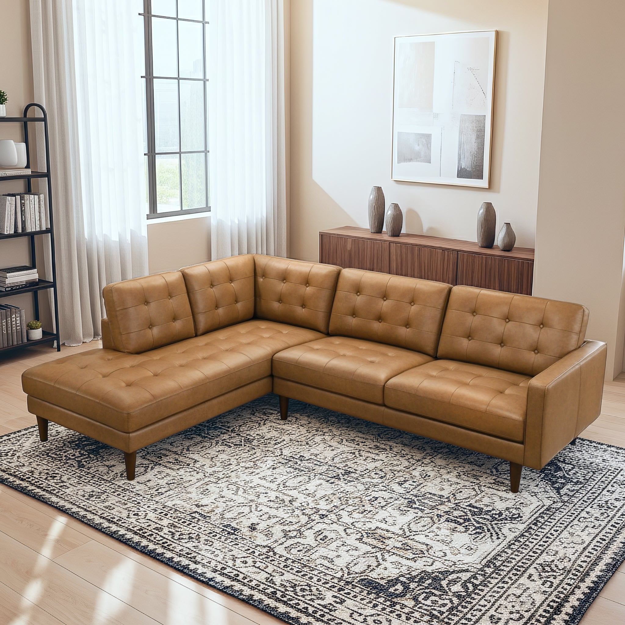 Lucco Genuine Tan Leather Left-Facing Sectional Sofa
