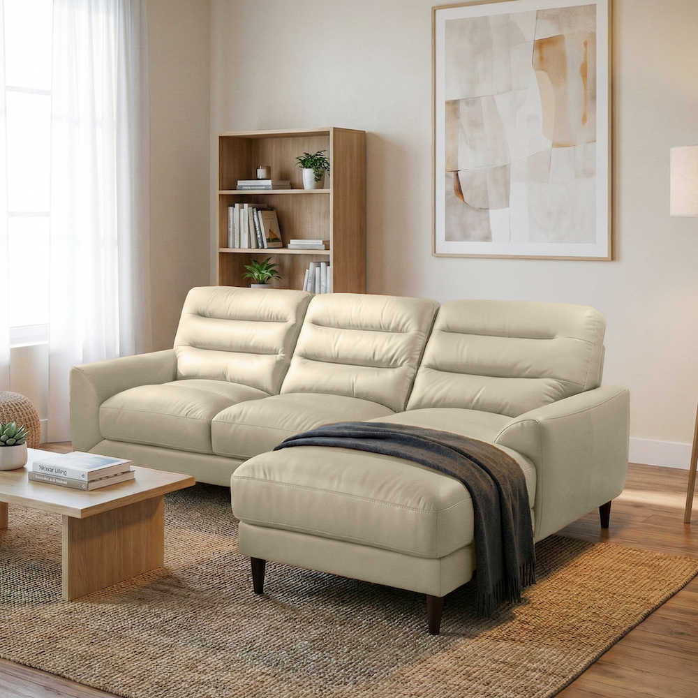 Clarion Genuine Cream Leather Sectional Sofa with Right Chaise Lounge