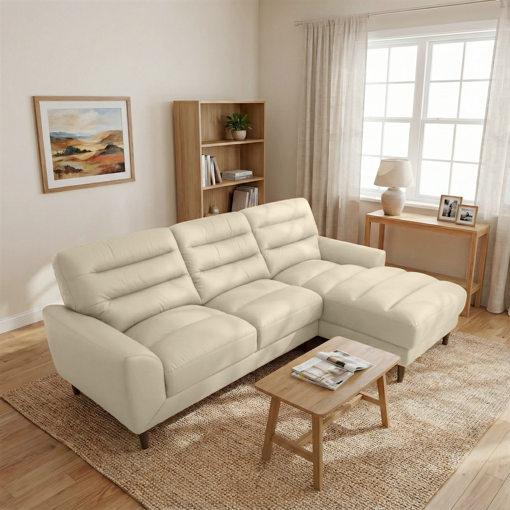 Clarion Genuine Cream Leather Sectional Sofa with Right Chaise Lounge