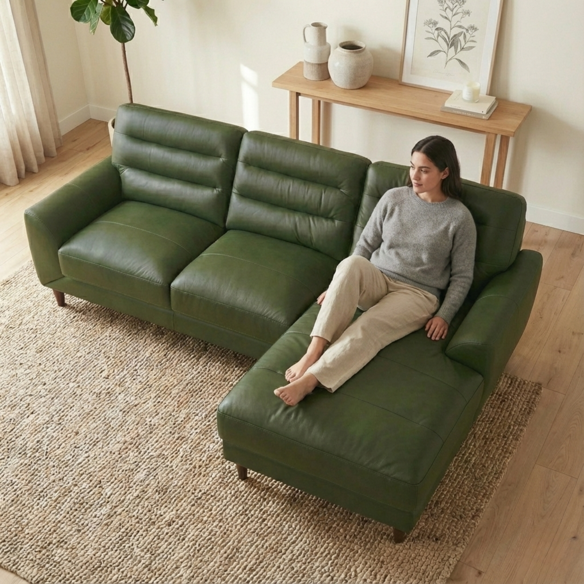 Clarion Genuine Green Leather Sectional Sofa with Right Chaise Lounge