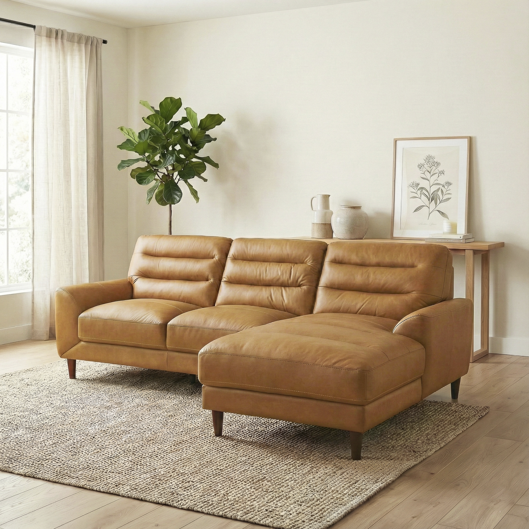 Clarion Genuine Tan Leather Sectional Sofa with Right Chaise Lounge