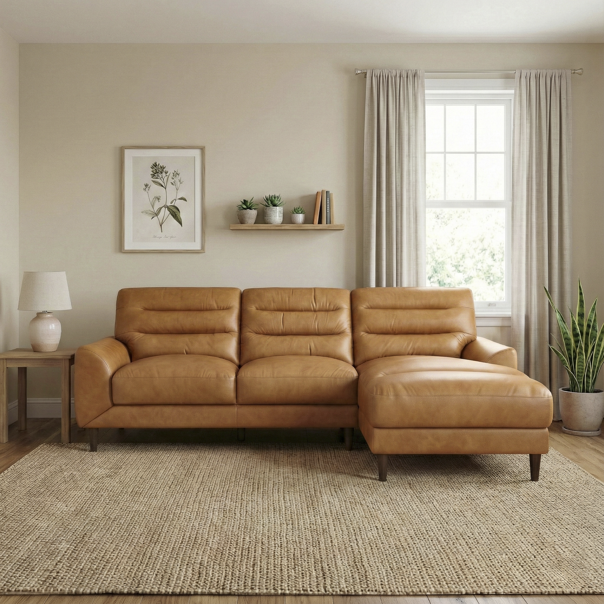 Clarion Genuine Tan Leather Sectional Sofa with Right Chaise Lounge