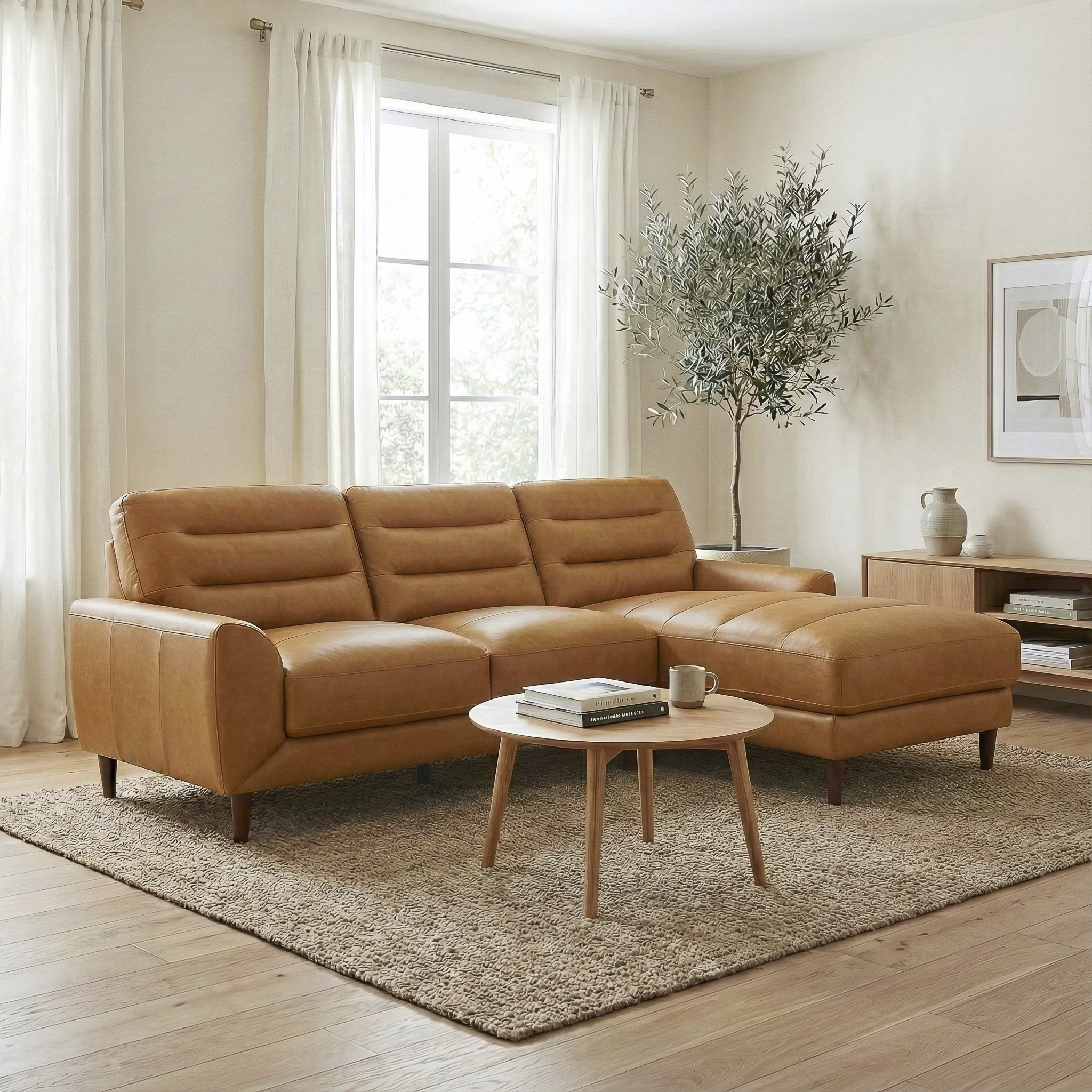 Clarion Genuine Tan Leather Sectional Sofa with Right Chaise Lounge